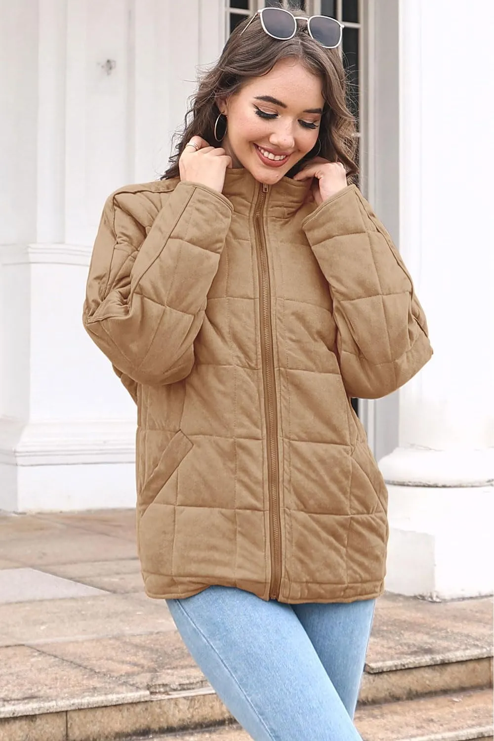 ETCYY Women's Causal Lightweight Quilted Jackets Long Sleeve Oversized Warm Winter Zip Up Coat with Pockets
