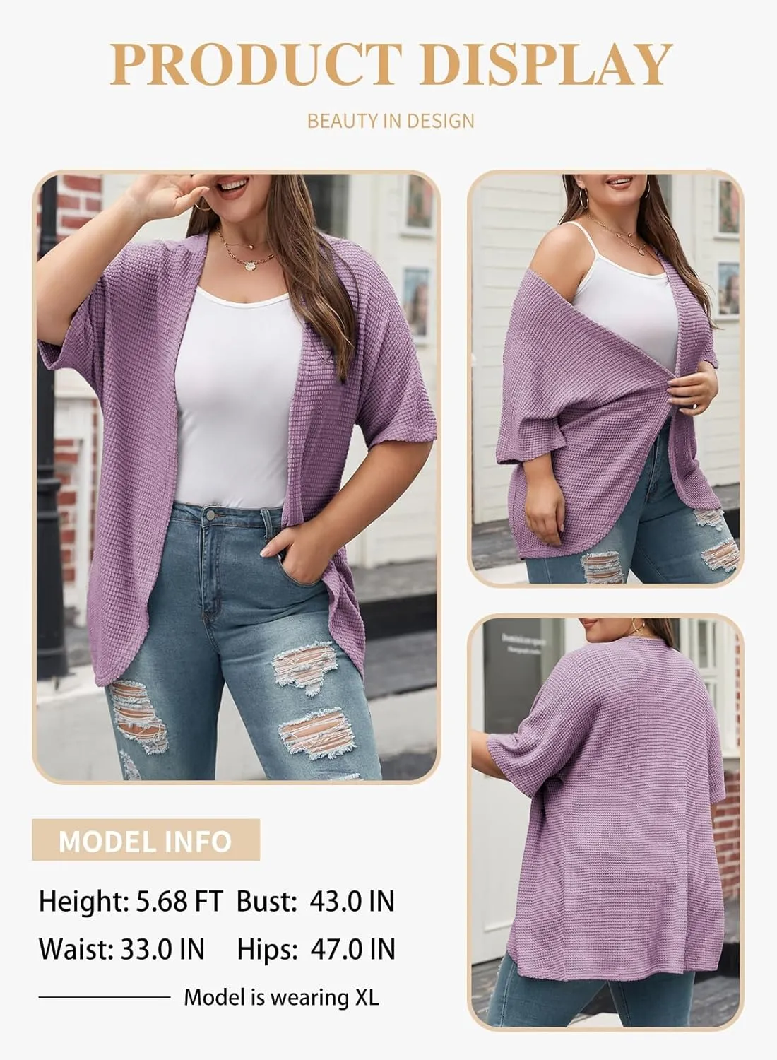 Eytino Womens Plus Size Cardigan Casual Short Sleeve Waffle Knit Kimono Open Front Tops(1X-5X)