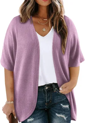 Eytino Womens Plus Size Cardigan Casual Short Sleeve Waffle Knit Kimono Open Front Tops(1X-5X)