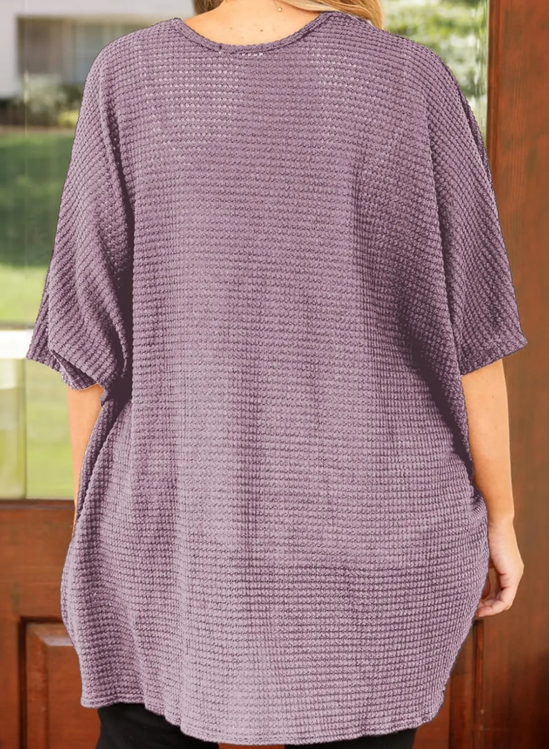 Eytino Womens Plus Size Cardigan Casual Short Sleeve Waffle Knit Kimono Open Front Tops(1X-5X)