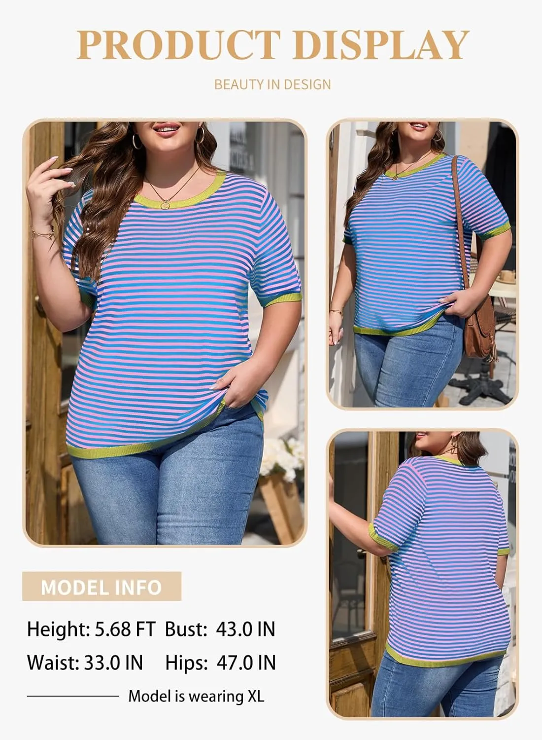 Eytino Womens Plus Size Sweaters Crewneck Short Sleeve Striped Color Block Casual High Low Knitted Tops(1X-5X)