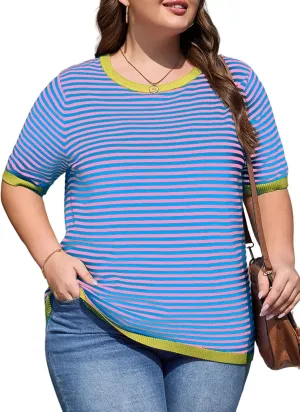 Eytino Womens Plus Size Sweaters Crewneck Short Sleeve Striped Color Block Casual High Low Knitted Tops(1X-5X)