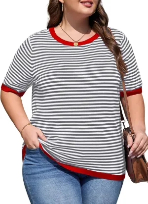 Eytino Womens Plus Size Sweaters Crewneck Short Sleeve Striped Color Block Casual High Low Knitted Tops(1X-5X)