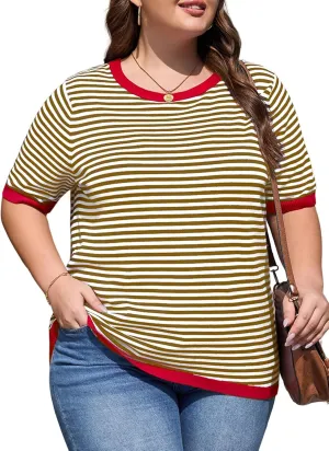 Eytino Womens Plus Size Sweaters Crewneck Short Sleeve Striped Color Block Casual High Low Knitted Tops(1X-5X)