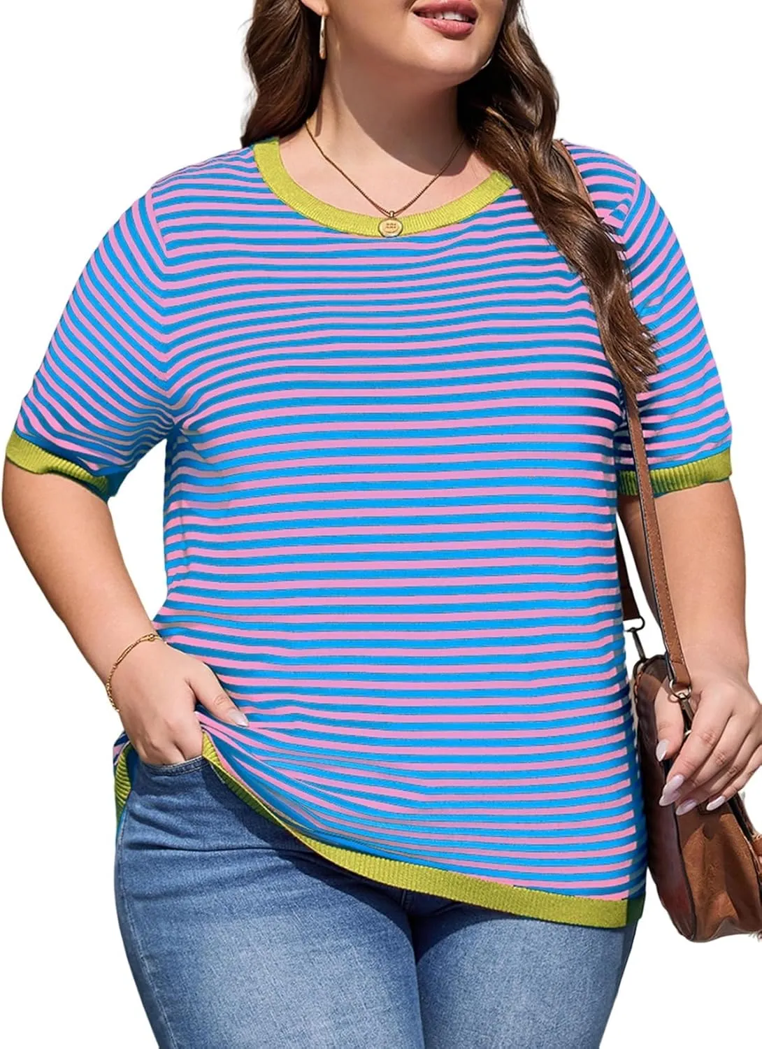 Eytino Womens Plus Size Sweaters Crewneck Short Sleeve Striped Color Block Casual High Low Knitted Tops(1X-5X)