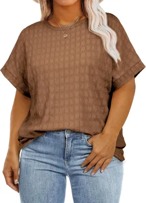 Eytino Womens Plus Size Tops Summer Casual Cap Short Sleeve Basic Textured Solid Color Round Neck T Shirts(1X-5X)