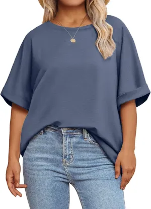 Eytino Womens Plus Size Tops Summer Casual Cap Short Sleeve Basic Textured Solid Color Round Neck T Shirts(1X-5X)