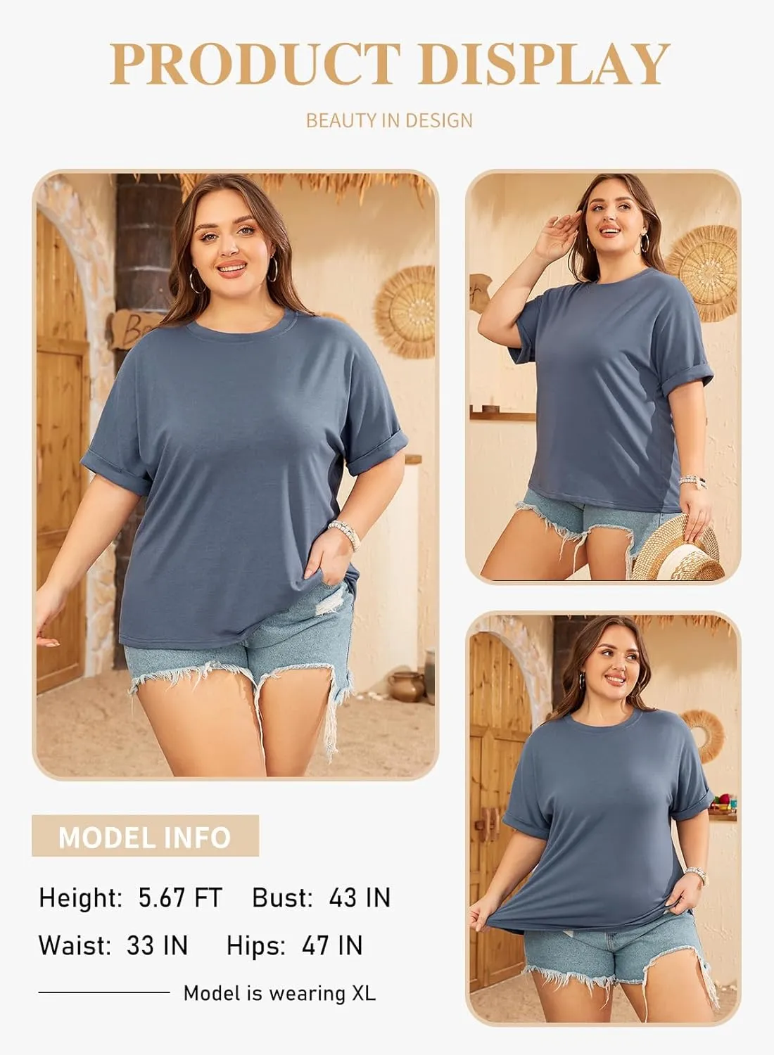 Eytino Womens Plus Size Tops Summer Casual Cap Short Sleeve Basic Textured Solid Color Round Neck T Shirts(1X-5X)