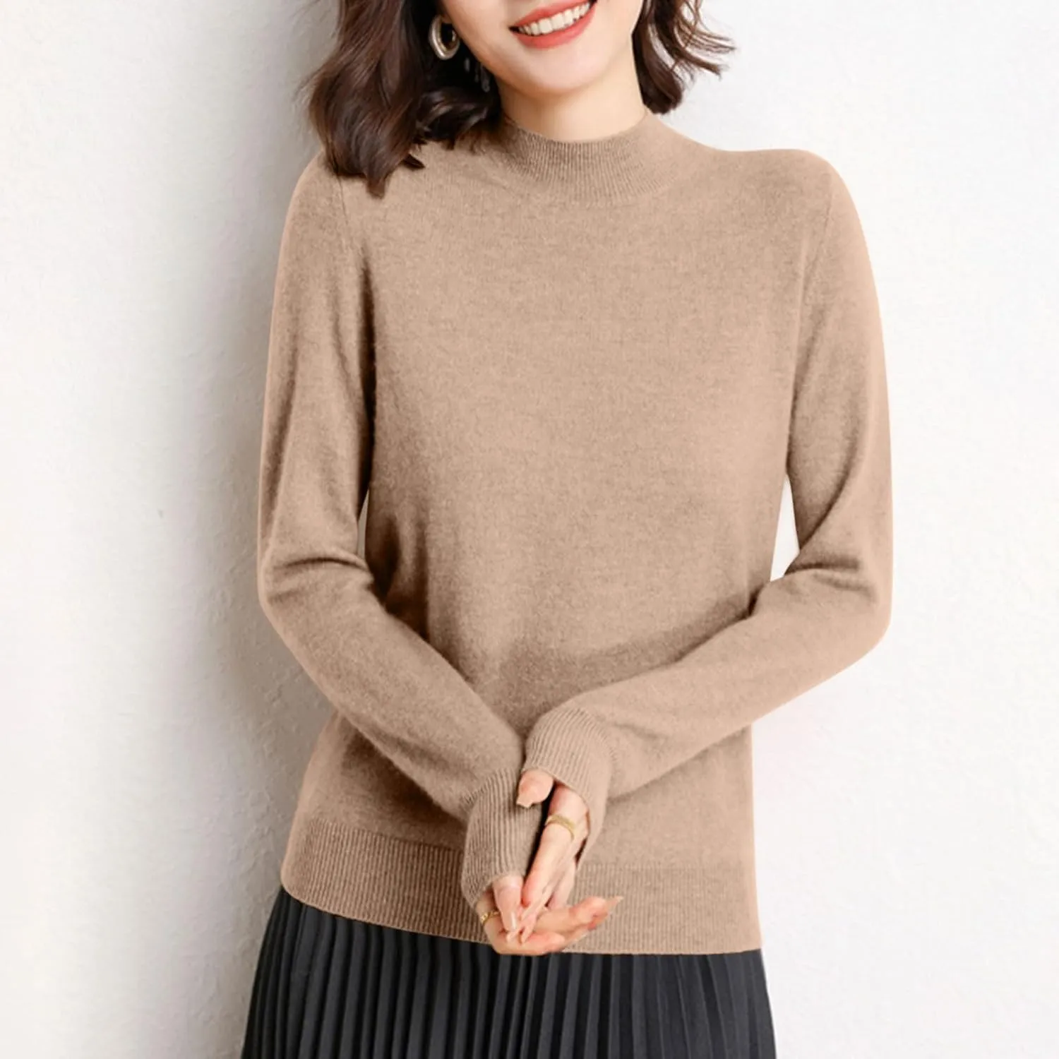 Fall Sweater for Women Casual Comfy Oversized Basic Knit Sweater Tops Long Sleeve Mock Neck Slim Fit Trendy Pullover