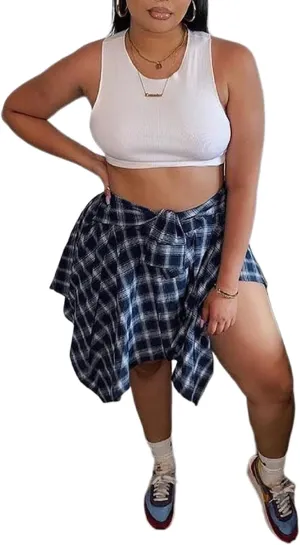 Fashion Irregular Plaid Skirt Streetwear - Elastic High Waisted Knotted Front Pleated Asymmetrical Patchwork Print Skirt