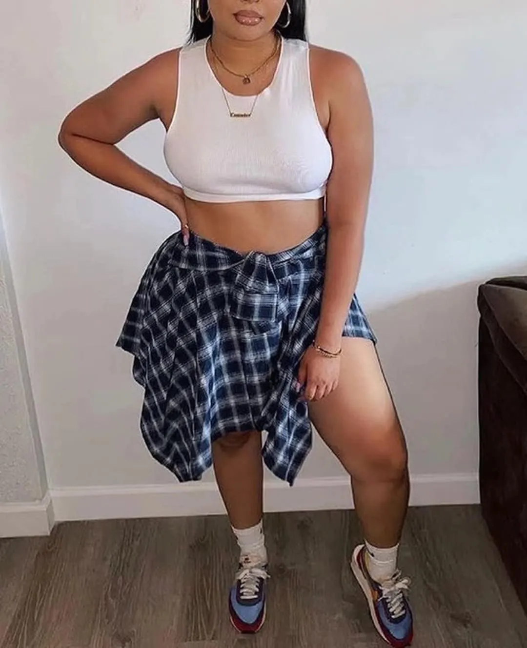 Fashion Irregular Plaid Skirt Streetwear - Elastic High Waisted Knotted Front Pleated Asymmetrical Patchwork Print Skirt