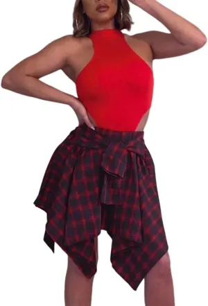Fashion Irregular Plaid Skirt Streetwear - Elastic High Waisted Knotted Front Pleated Asymmetrical Patchwork Print Skirt