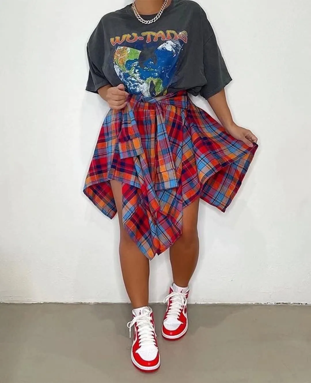 Fashion Irregular Plaid Skirt Streetwear - Elastic High Waisted Knotted Front Pleated Asymmetrical Patchwork Print Skirt