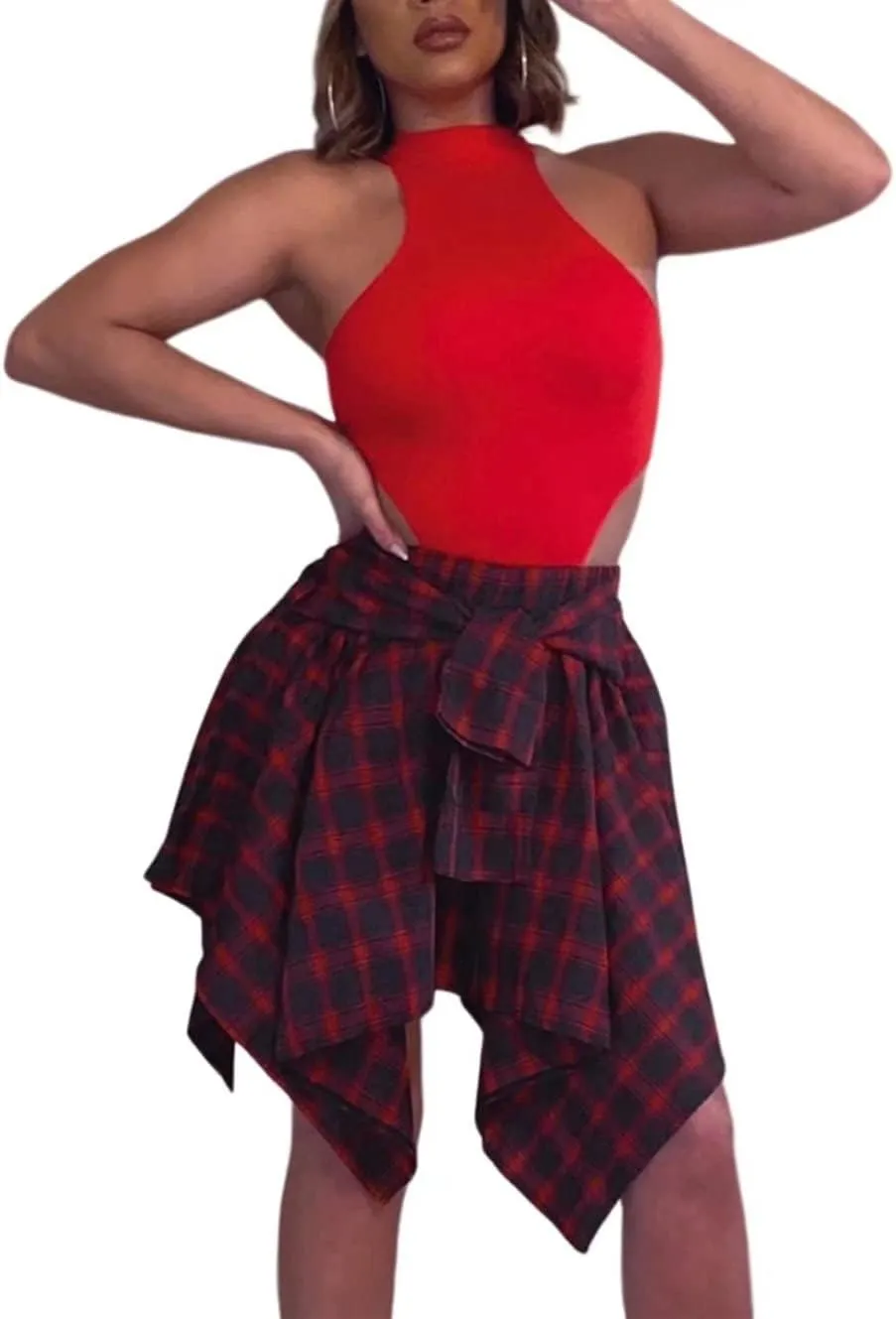 Fashion Irregular Plaid Skirt Streetwear - Elastic High Waisted Knotted Front Pleated Asymmetrical Patchwork Print Skirt