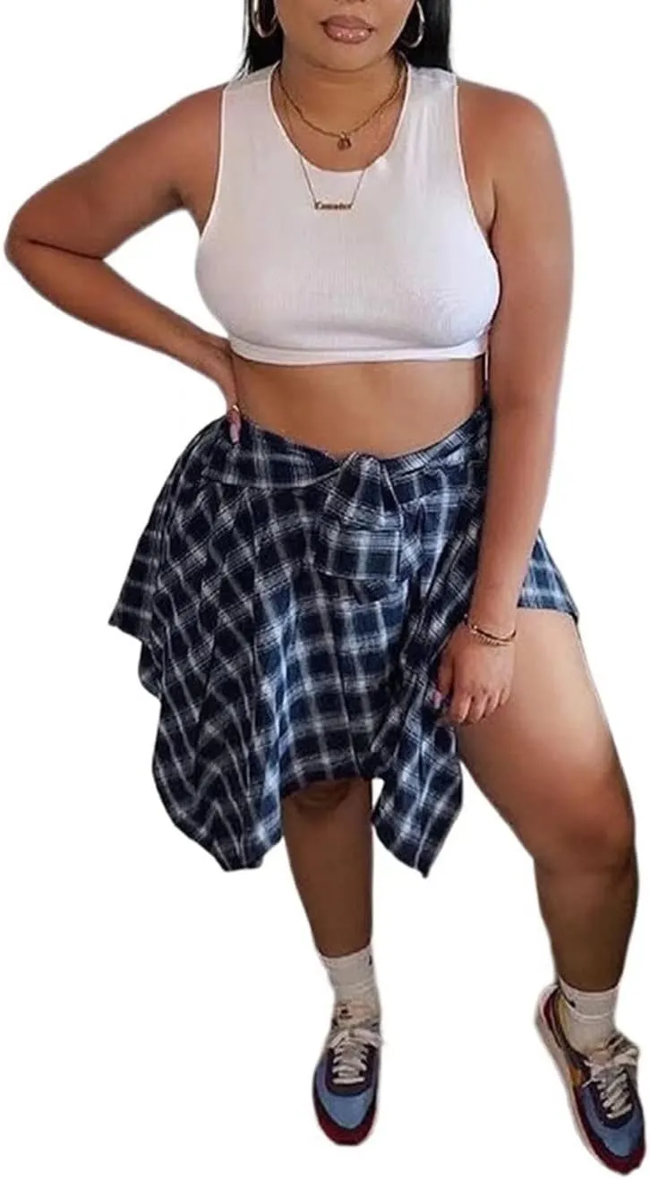 Fashion Irregular Plaid Skirt Streetwear - Elastic High Waisted Knotted Front Pleated Asymmetrical Patchwork Print Skirt