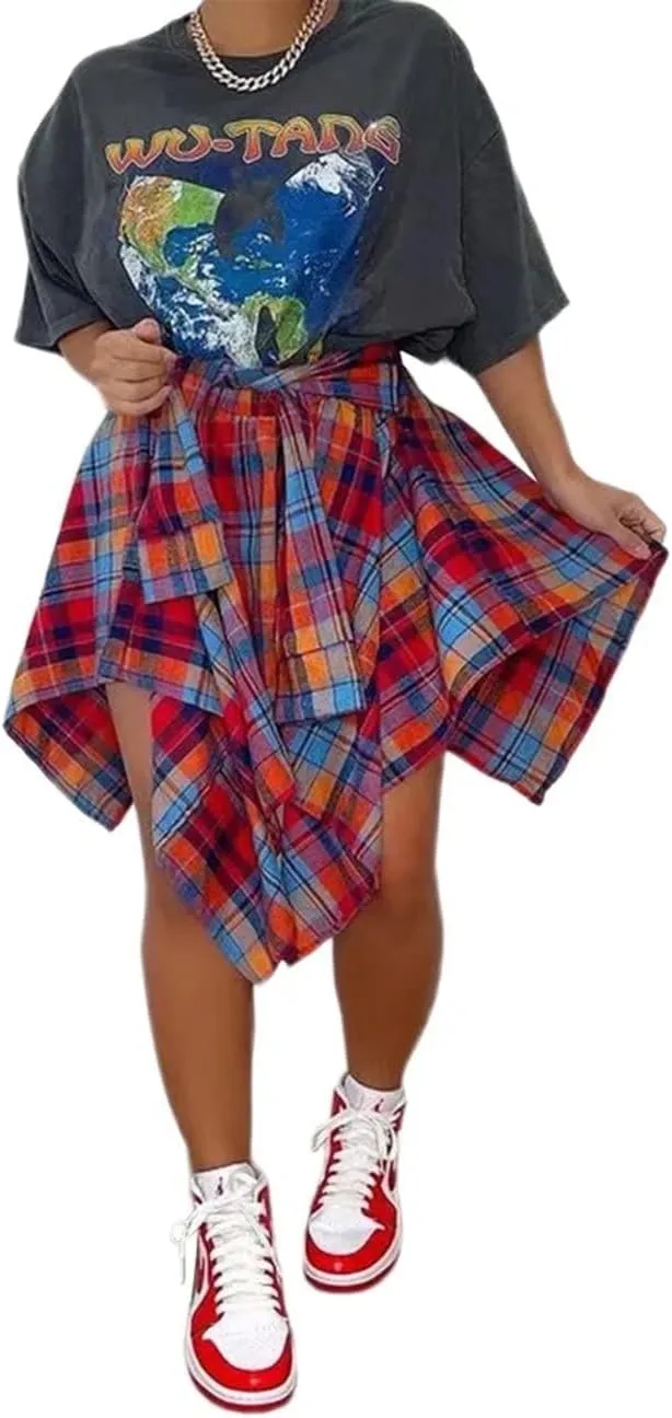Fashion Irregular Plaid Skirt Streetwear - Elastic High Waisted Knotted Front Pleated Asymmetrical Patchwork Print Skirt