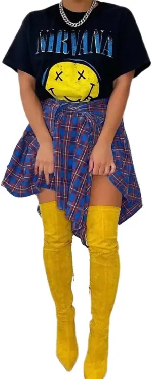 Fashion Irregular Plaid Skirt Streetwear - Elastic High Waisted Knotted Front Pleated Asymmetrical Patchwork Print Skirt
