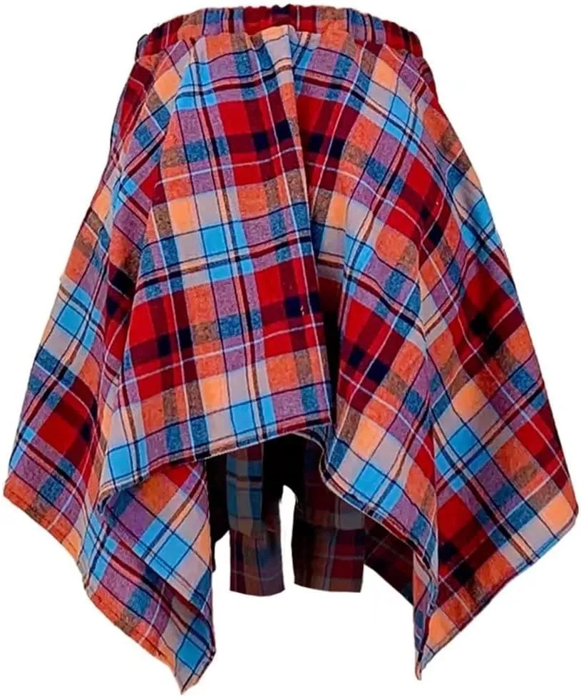Fashion Irregular Plaid Skirt Streetwear - Elastic High Waisted Knotted Front Pleated Asymmetrical Patchwork Print Skirt