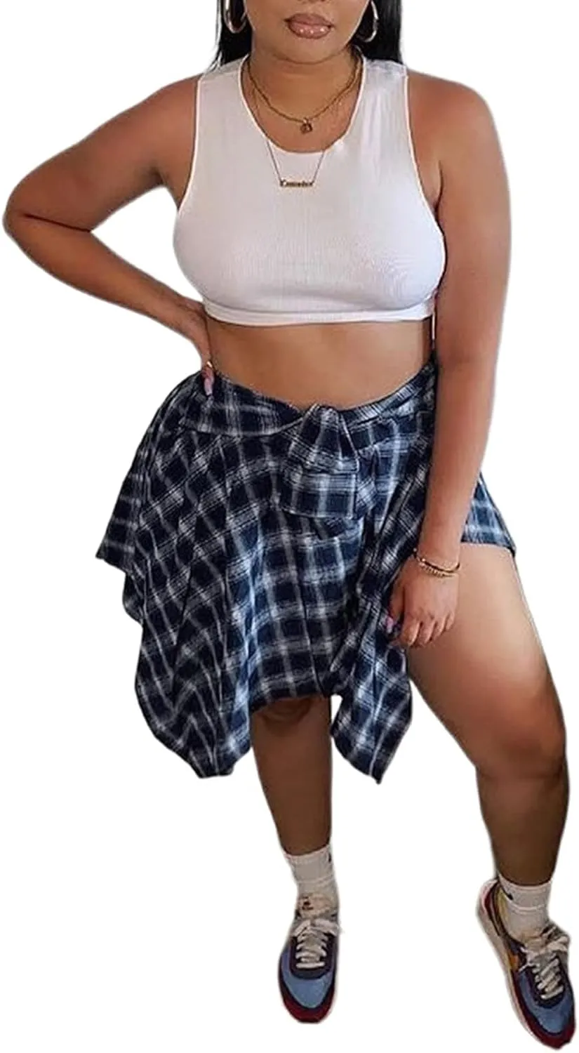 Fashion Irregular Plaid Skirt Streetwear - Elastic High Waisted Knotted Front Pleated Asymmetrical Patchwork Print Skirt
