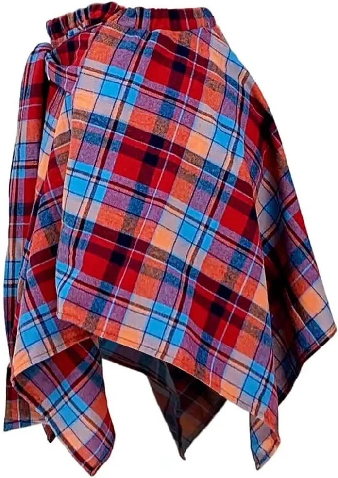 Fashion Irregular Plaid Skirt Streetwear - Elastic High Waisted Knotted Front Pleated Asymmetrical Patchwork Print Skirt