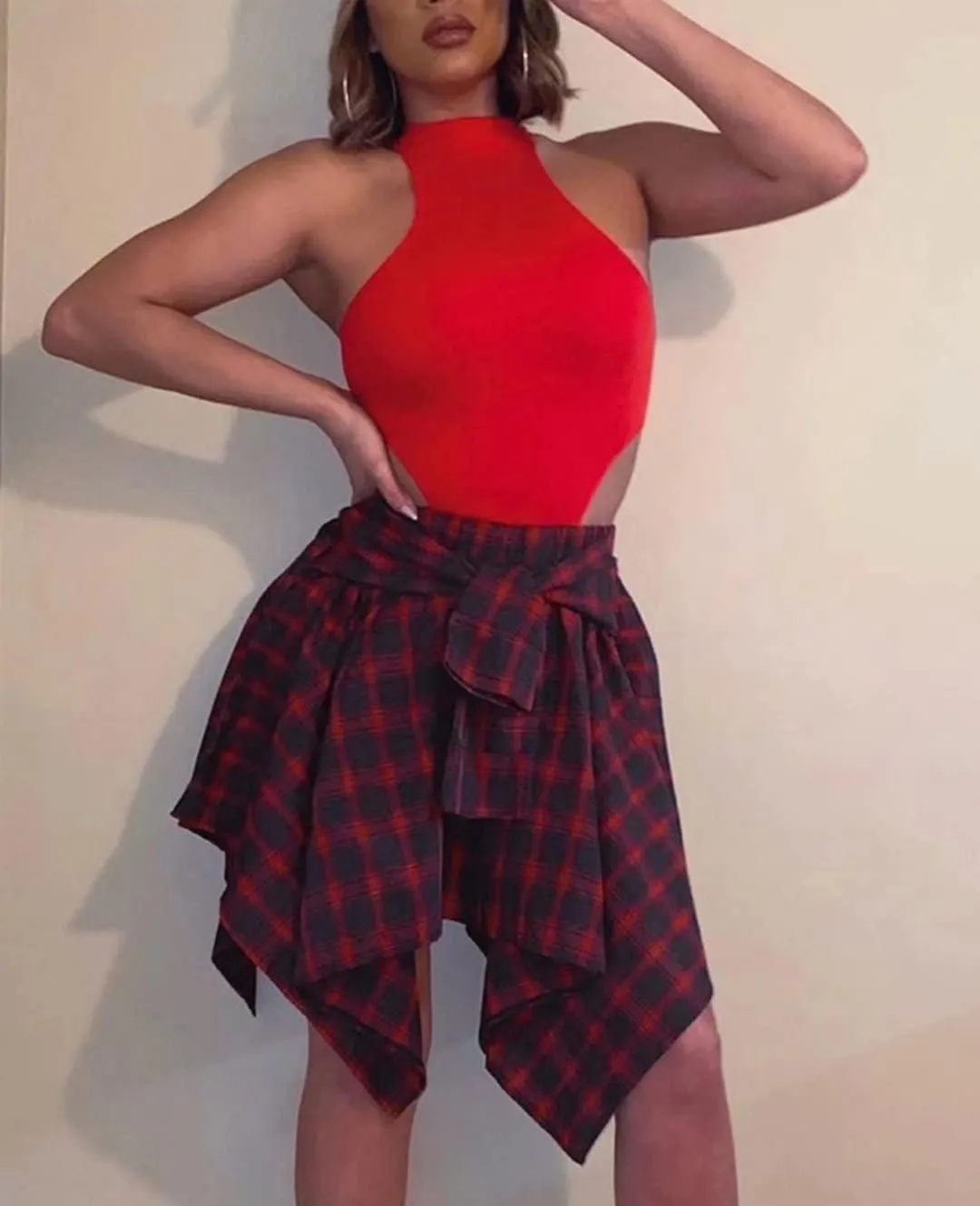 Fashion Irregular Plaid Skirt Streetwear - Elastic High Waisted Knotted Front Pleated Asymmetrical Patchwork Print Skirt