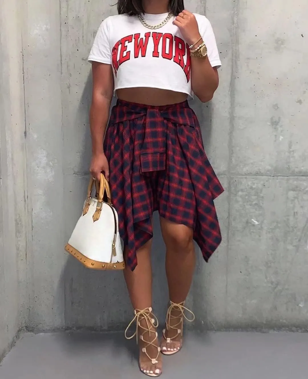 Fashion Irregular Plaid Skirt Streetwear - Elastic High Waisted Knotted Front Pleated Asymmetrical Patchwork Print Skirt