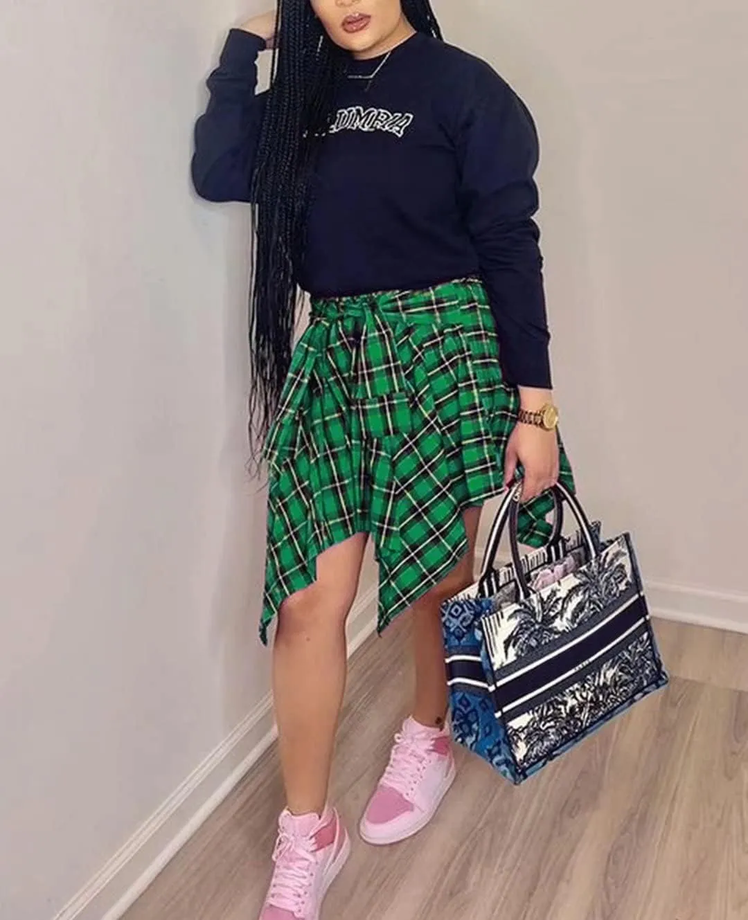 Fashion Irregular Plaid Skirt Streetwear - Elastic High Waisted Knotted Front Pleated Asymmetrical Patchwork Print Skirt
