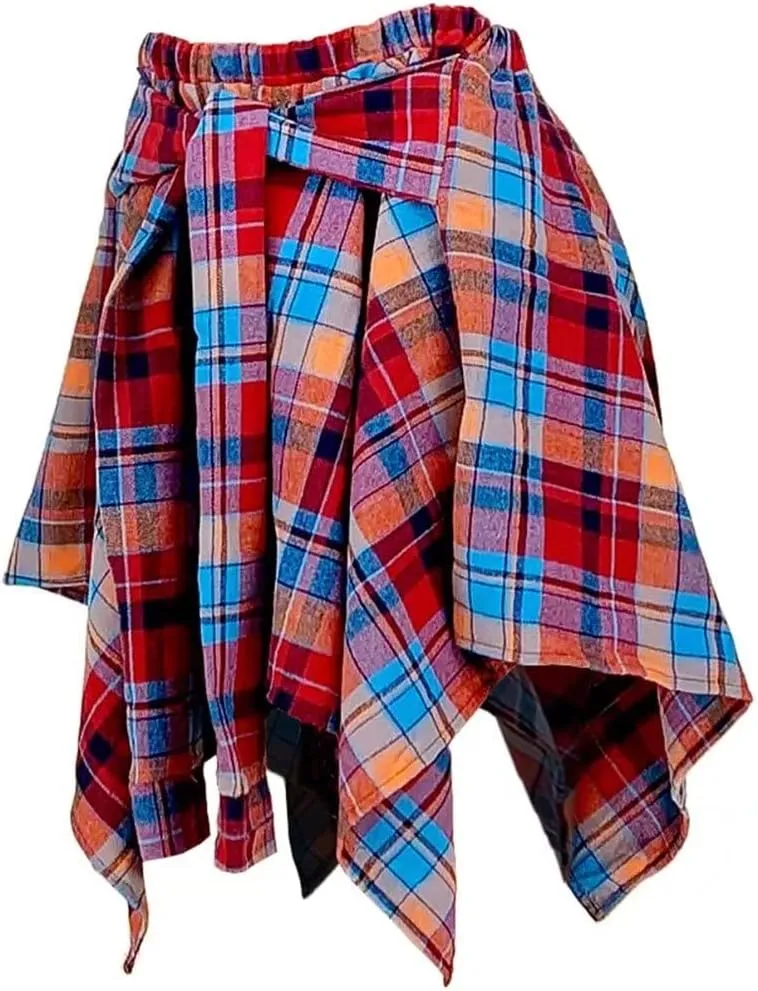 Fashion Irregular Plaid Skirt Streetwear - Elastic High Waisted Knotted Front Pleated Asymmetrical Patchwork Print Skirt