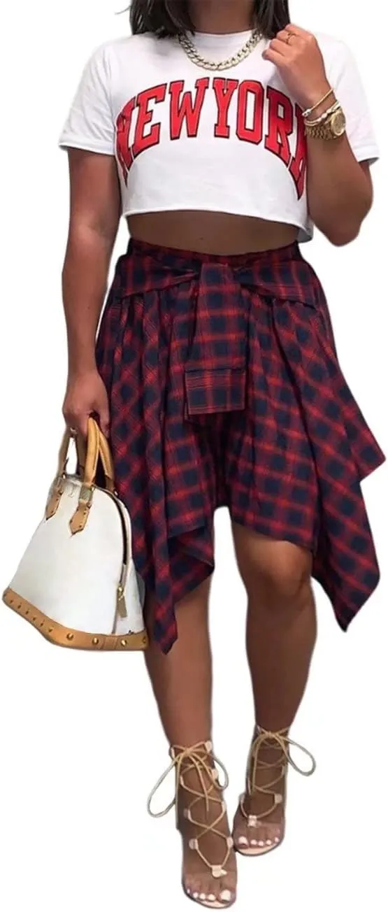 Fashion Irregular Plaid Skirt Streetwear - Elastic High Waisted Knotted Front Pleated Asymmetrical Patchwork Print Skirt