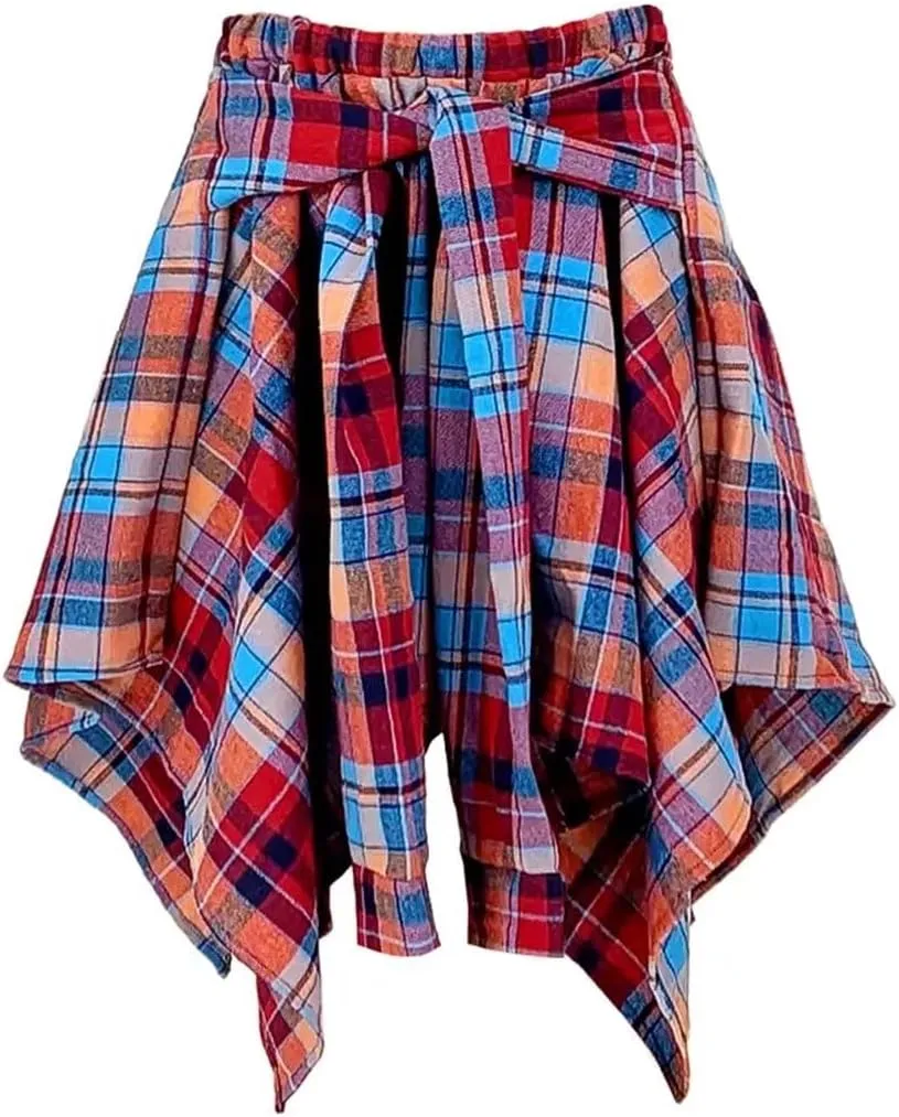 Fashion Irregular Plaid Skirt Streetwear - Elastic High Waisted Knotted Front Pleated Asymmetrical Patchwork Print Skirt