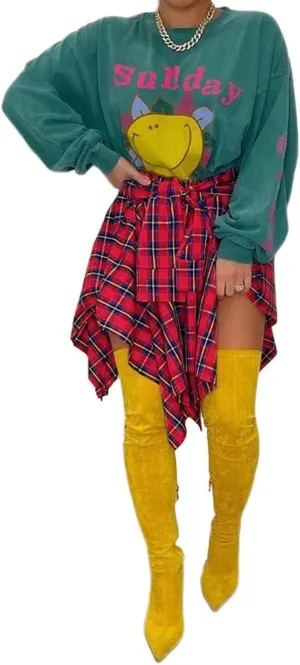 Fashion Irregular Plaid Skirt Streetwear - Elastic High Waisted Knotted Front Pleated Asymmetrical Patchwork Print Skirt