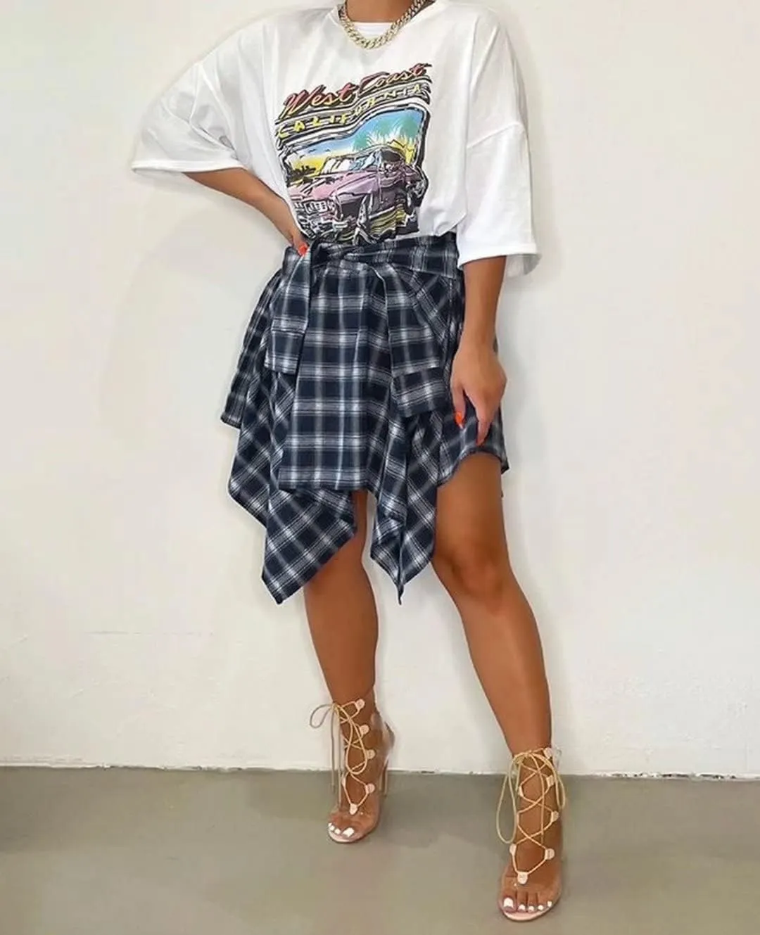 Fashion Irregular Plaid Skirt Streetwear - Elastic High Waisted Knotted Front Pleated Asymmetrical Patchwork Print Skirt
