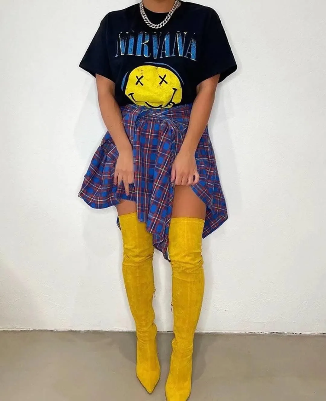 Fashion Irregular Plaid Skirt Streetwear - Elastic High Waisted Knotted Front Pleated Asymmetrical Patchwork Print Skirt