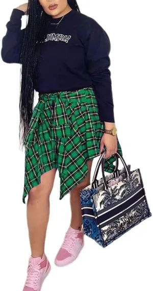 Fashion Irregular Plaid Skirt Streetwear - Elastic High Waisted Knotted Front Pleated Asymmetrical Patchwork Print Skirt