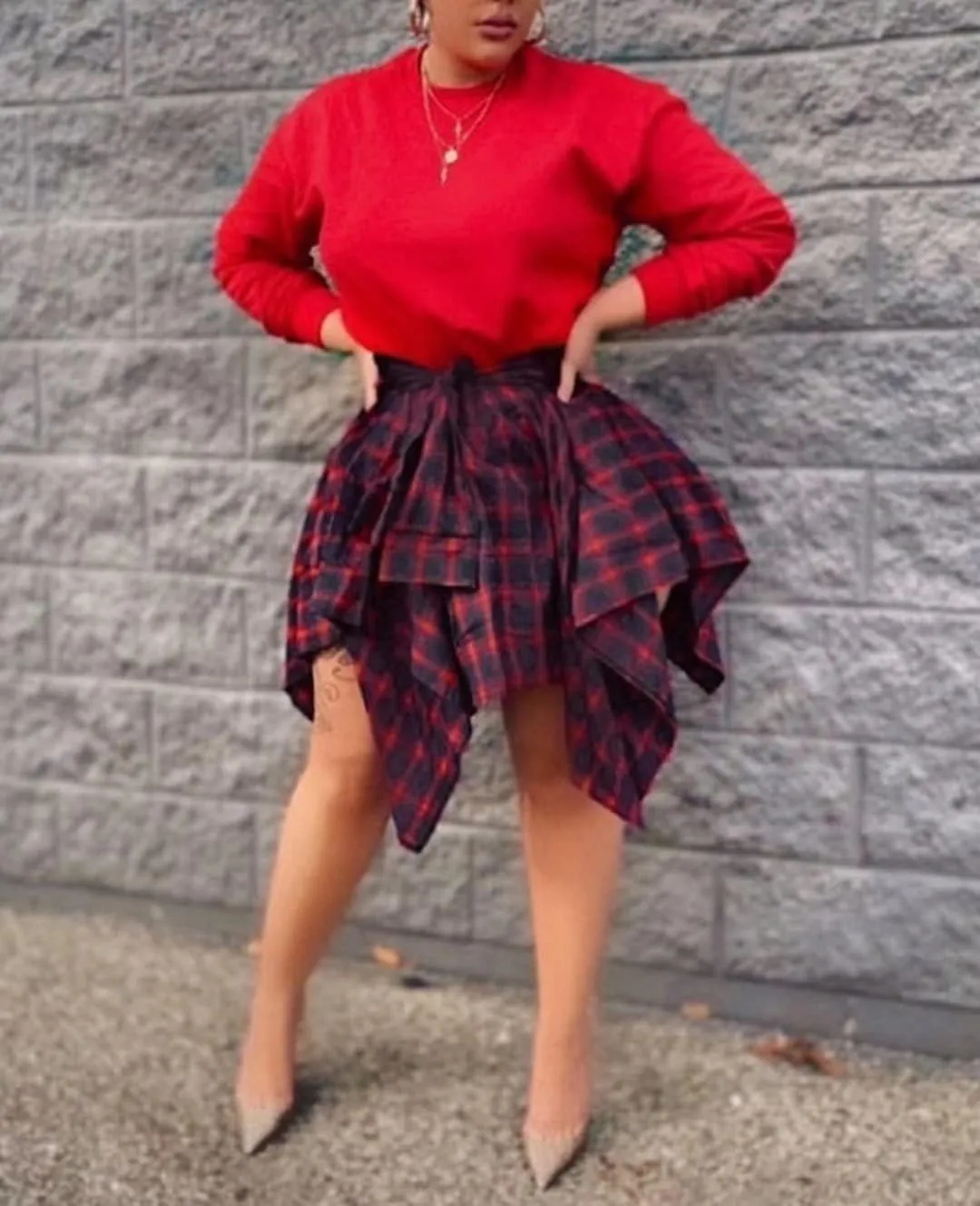 Fashion Irregular Plaid Skirt Streetwear - Elastic High Waisted Knotted Front Pleated Asymmetrical Patchwork Print Skirt