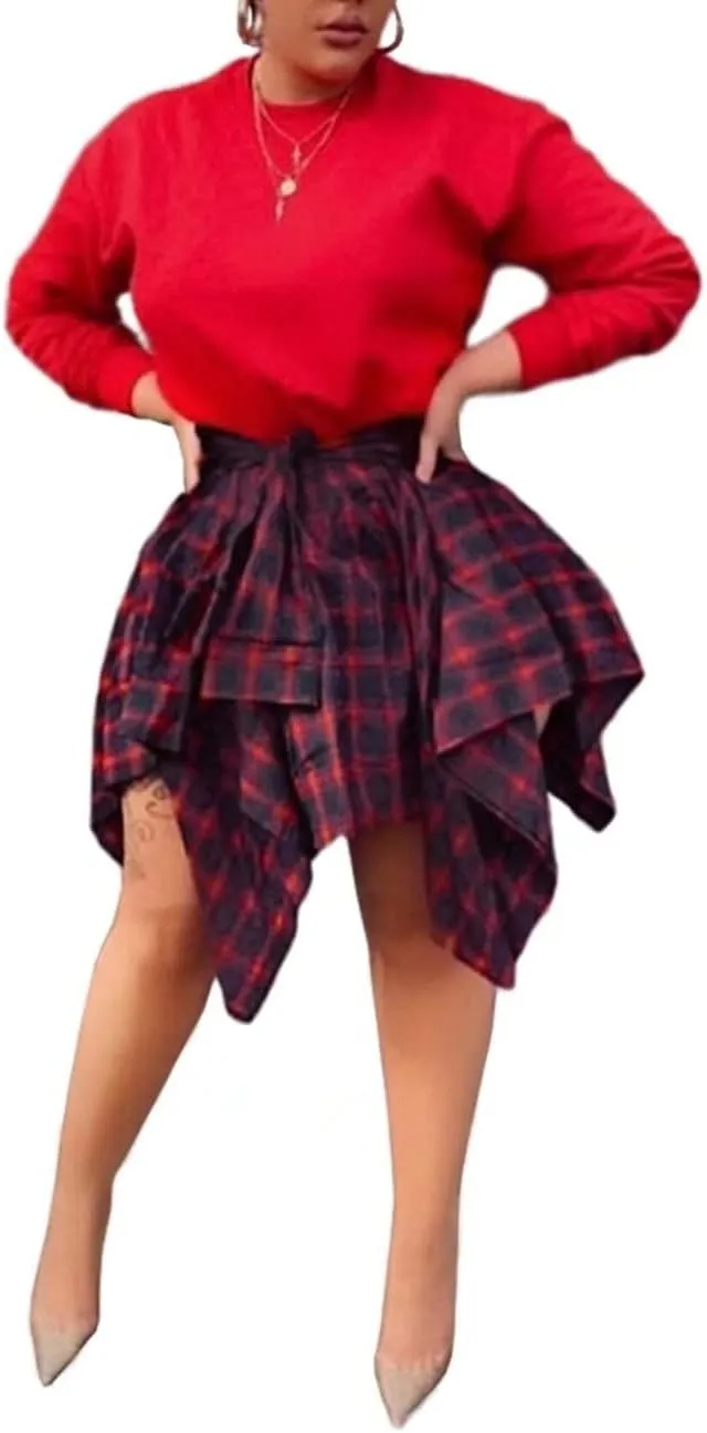 Fashion Irregular Plaid Skirt Streetwear - Elastic High Waisted Knotted Front Pleated Asymmetrical Patchwork Print Skirt