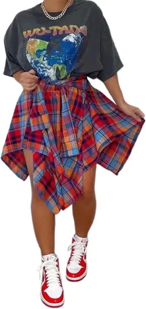 Fashion Irregular Plaid Skirt Streetwear - Elastic High Waisted Knotted Front Pleated Asymmetrical Patchwork Print Skirt