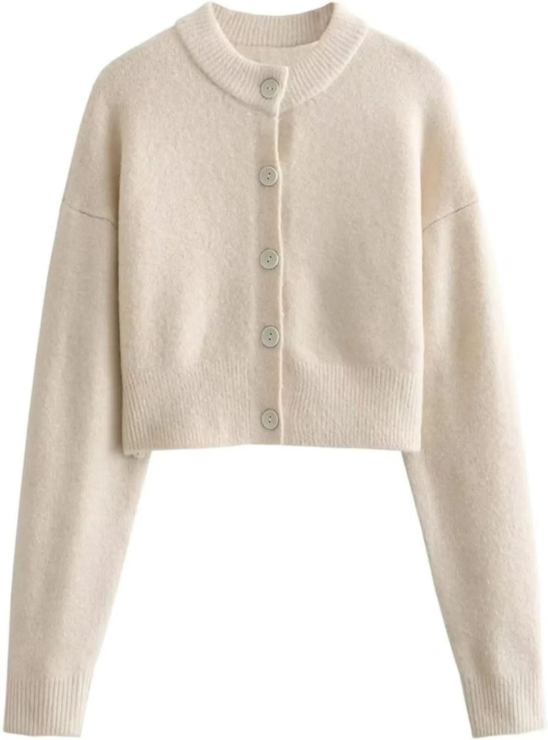 FindThy Women’s Cropped Cardigan Sweater Crewneck Solid Color Long Sleeve Button Down Knitted Outerwear Top