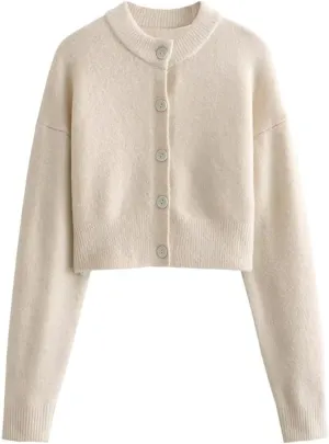 FindThy Women’s Cropped Cardigan Sweater Crewneck Solid Color Long Sleeve Button Down Knitted Outerwear Top