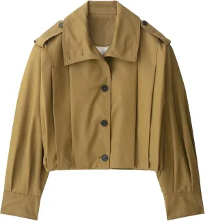 FindThy Women’s Cropped Pleated Jacket Casual Lapel Collar Long Sleeve Button Down Outerwear Trench Coat