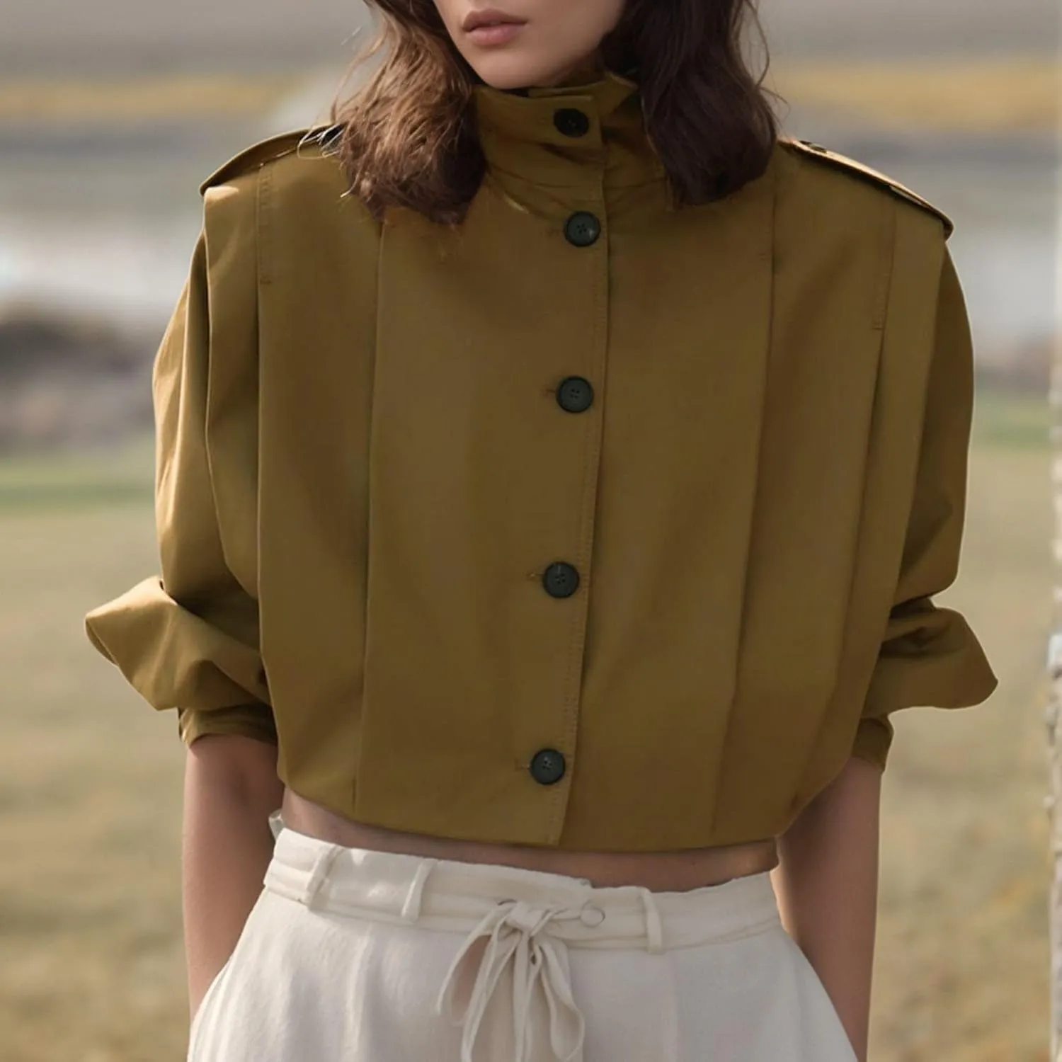FindThy Women’s Cropped Pleated Jacket Casual Lapel Collar Long Sleeve Button Down Outerwear Trench Coat