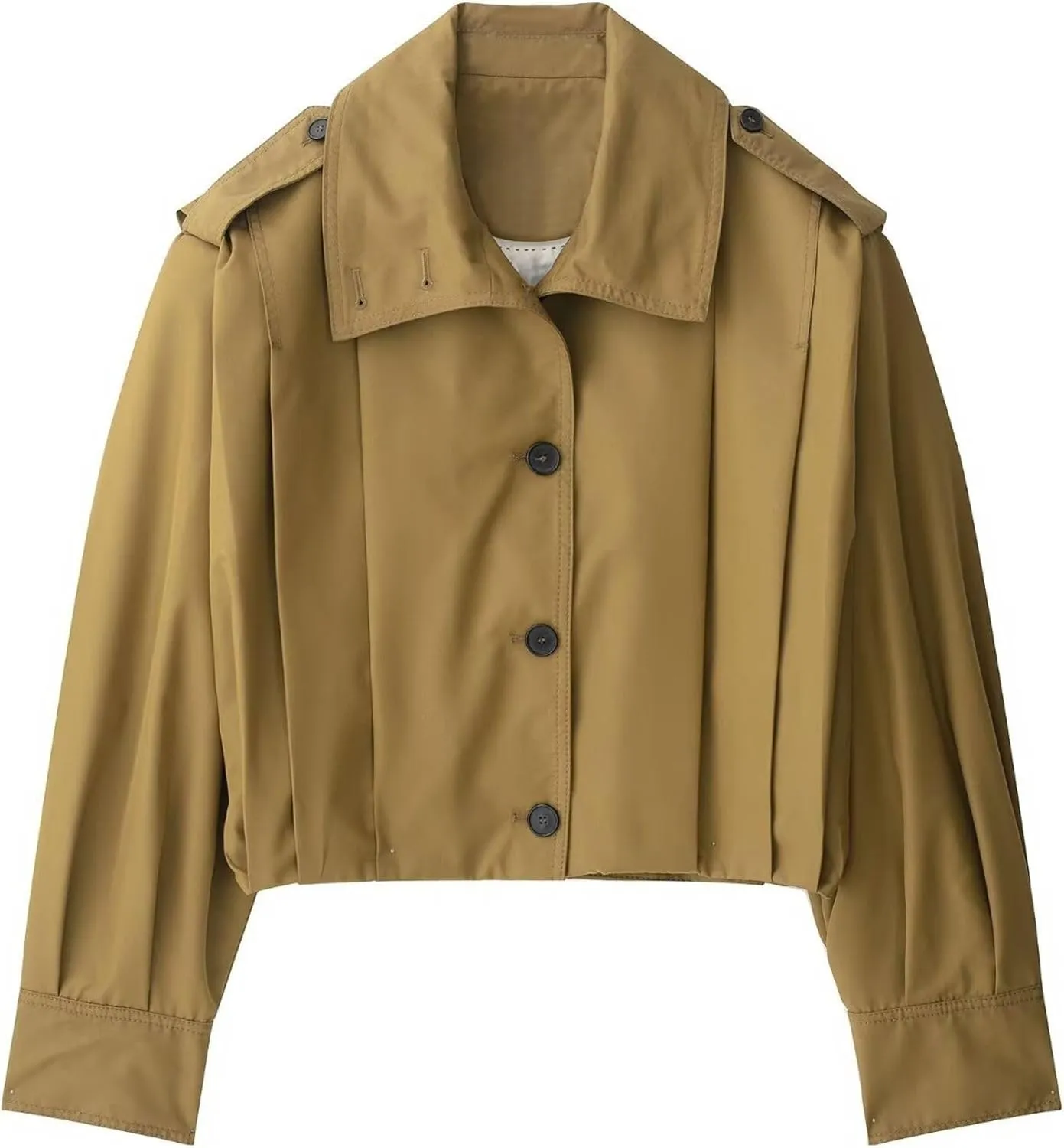 FindThy Women’s Cropped Pleated Jacket Casual Lapel Collar Long Sleeve Button Down Outerwear Trench Coat