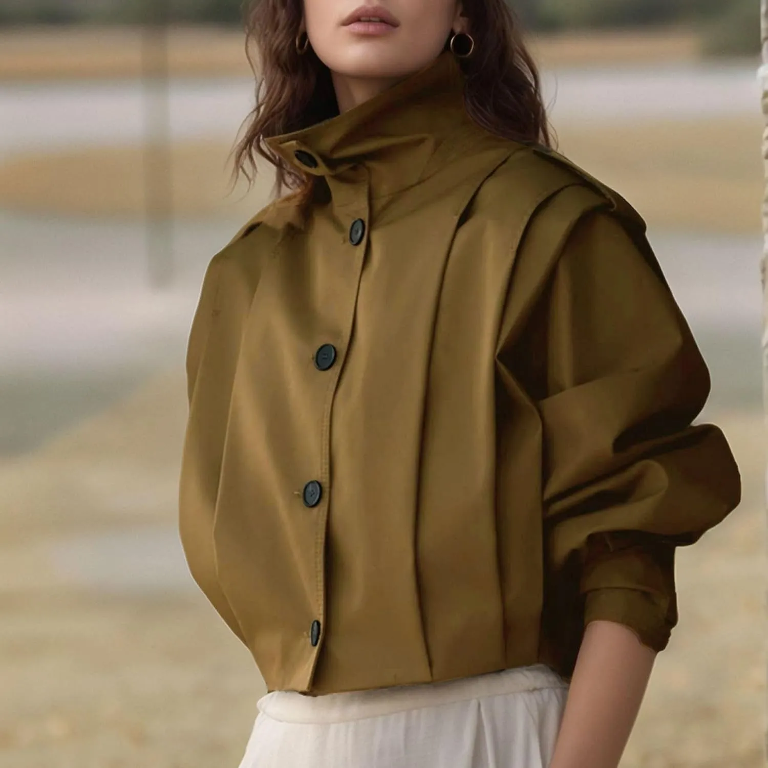 FindThy Women’s Cropped Pleated Jacket Casual Lapel Collar Long Sleeve Button Down Outerwear Trench Coat