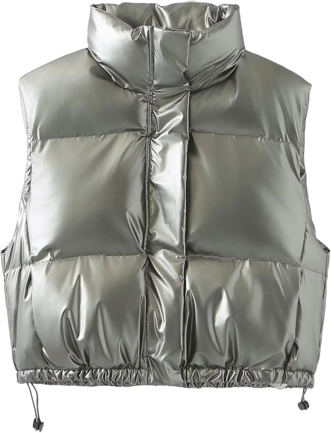 FindThy Women’s Cropped Puffer Vest Shiny Metallic Stand Collar Sleeveless Winter Quilted Down Jacket Coat with Pockets