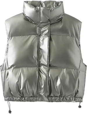 FindThy Women’s Cropped Puffer Vest Shiny Metallic Stand Collar Sleeveless Winter Quilted Down Jacket Coat with Pockets