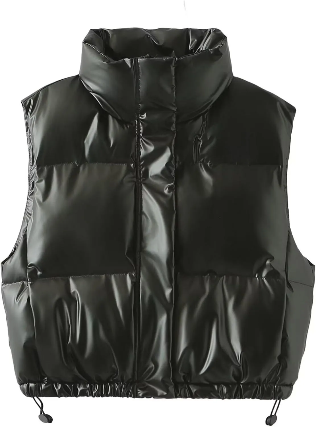 FindThy Women’s Cropped Puffer Vest Shiny Metallic Stand Collar Sleeveless Winter Quilted Down Jacket Coat with Pockets
