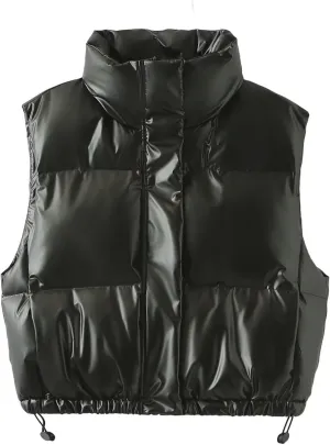 FindThy Women’s Cropped Puffer Vest Shiny Metallic Stand Collar Sleeveless Winter Quilted Down Jacket Coat with Pockets