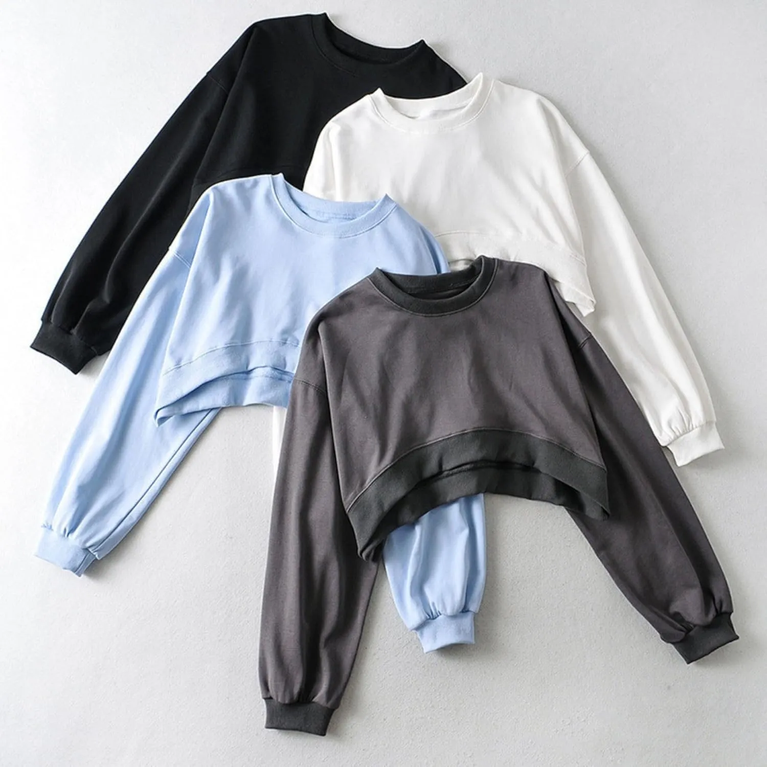 FindThy Womens Cropped Sweatshirts Casual Crewneck Long Sleeve Solid Color Workout Crop Top Pullover Sweatshirt
