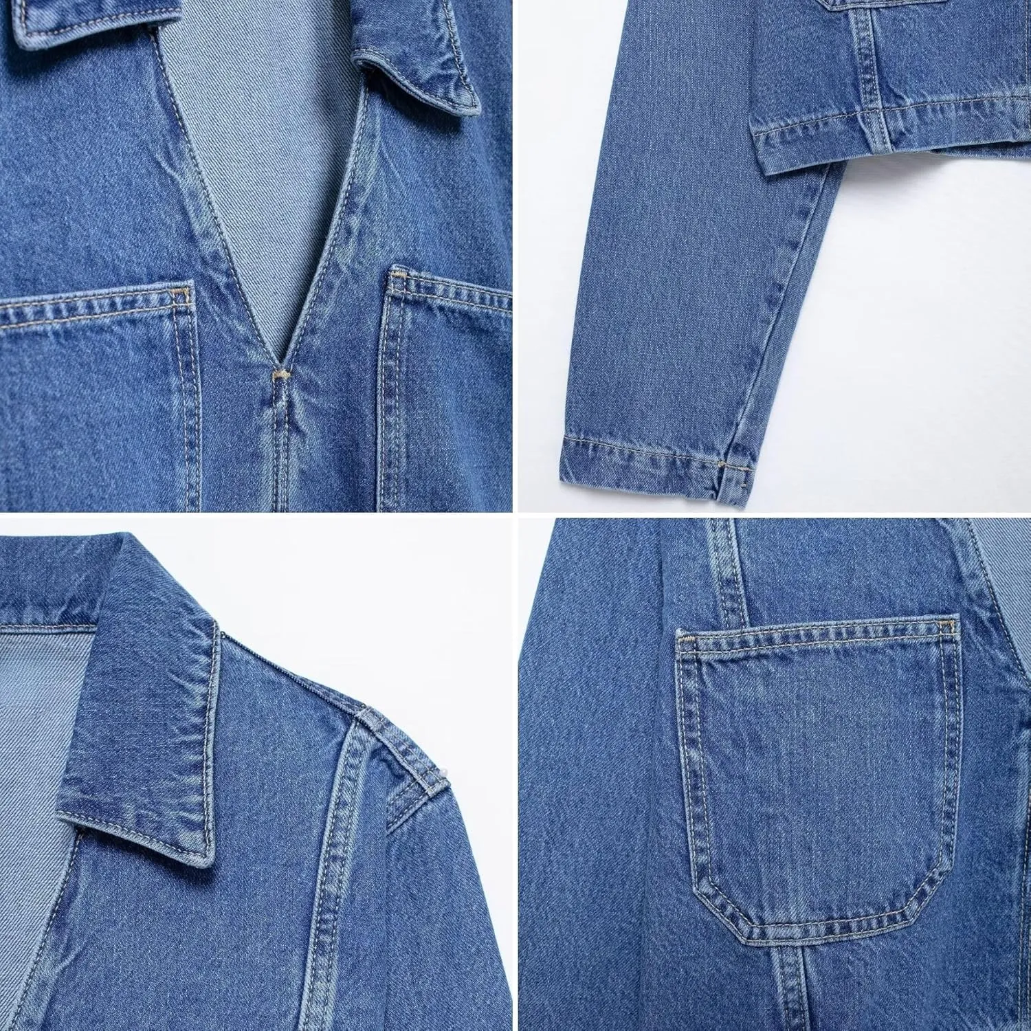 FindThy Womens Denim Shirt Trendy V-Neck Long Sleeve Cropped Blouse Top with Two Pockets