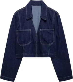FindThy Womens Denim Shirt Trendy V-Neck Long Sleeve Cropped Blouse Top with Two Pockets